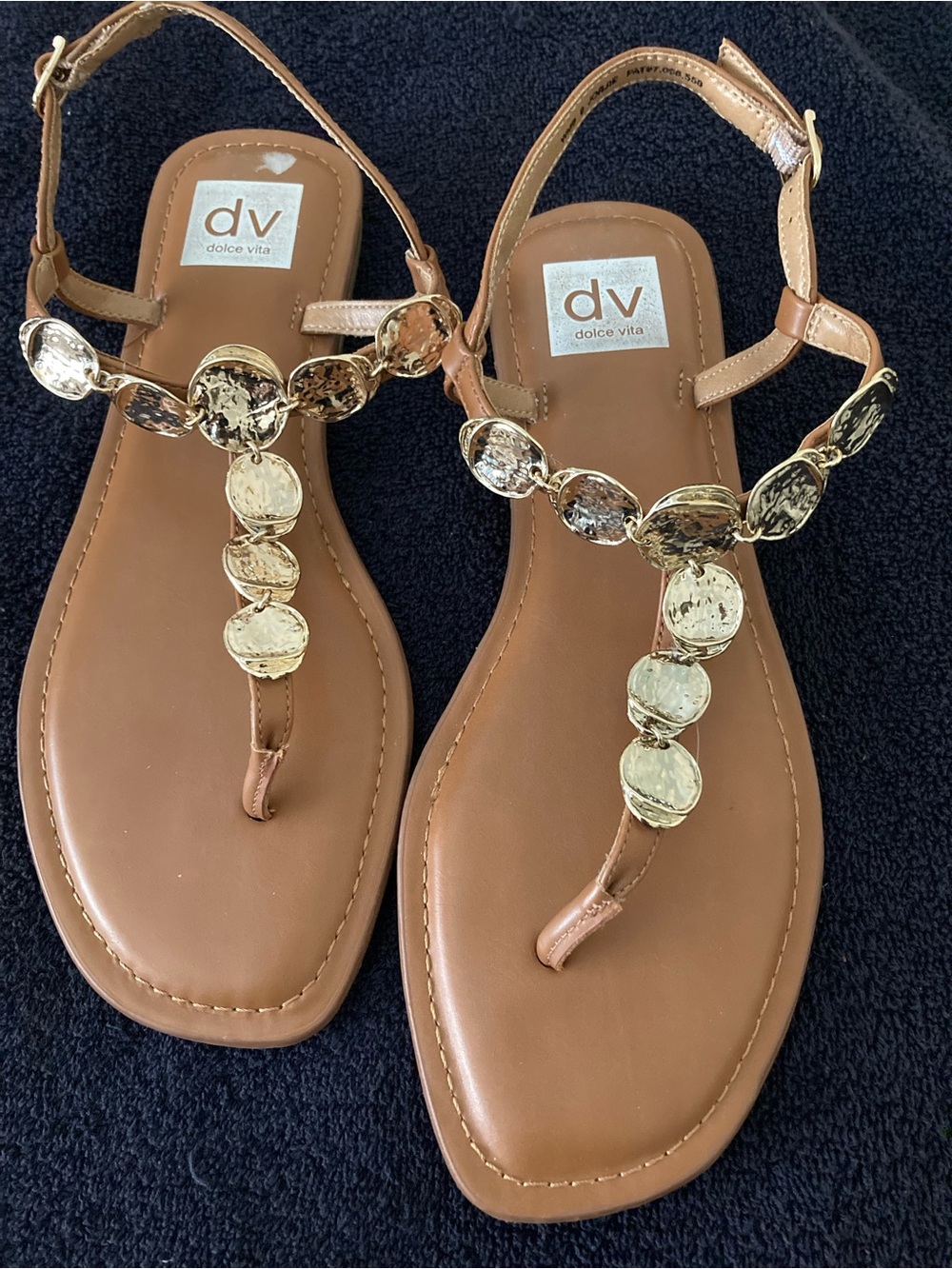 Dolce Vita Tan T-Strap Sandals with Gold Discs